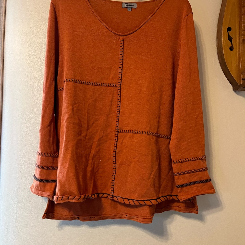 SHANA Burnt Orange Patchwork-Stitch Long Sleeve Top